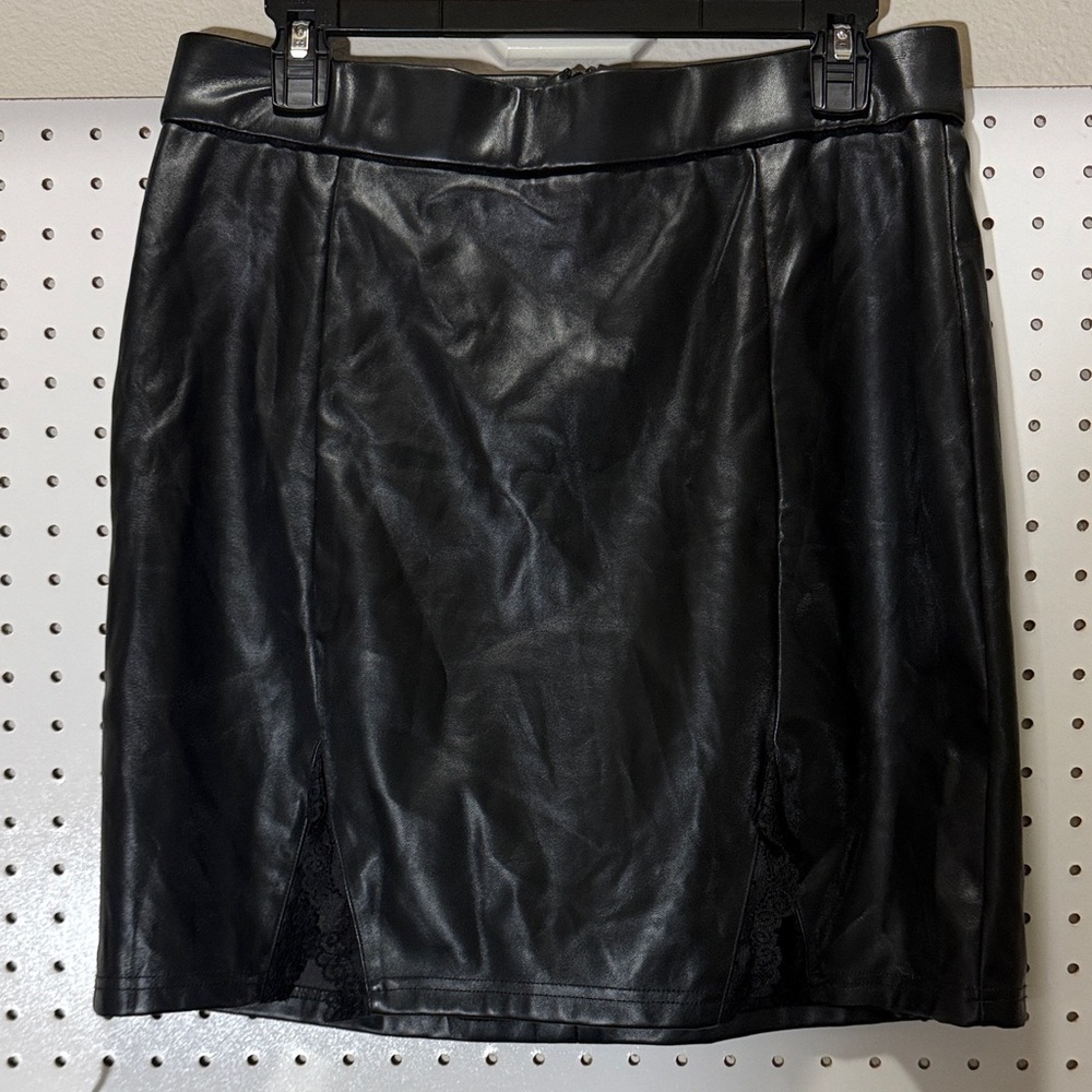 Black Faux Leather Mini Skirt with Lace Panels High Waisted Edgy Chic